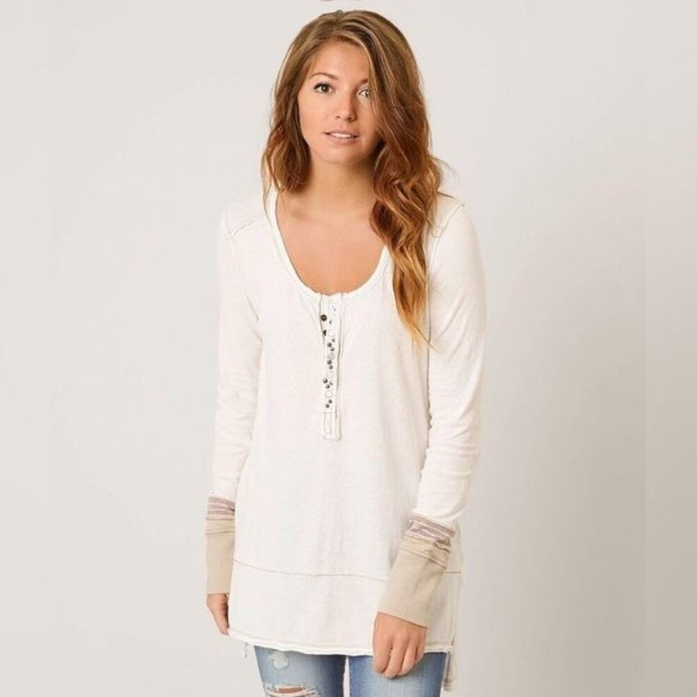 Free People Olive Green Long Sleeve Relaxed Henley Top | Boho Cottagecore Indie - Picture 16 of 16